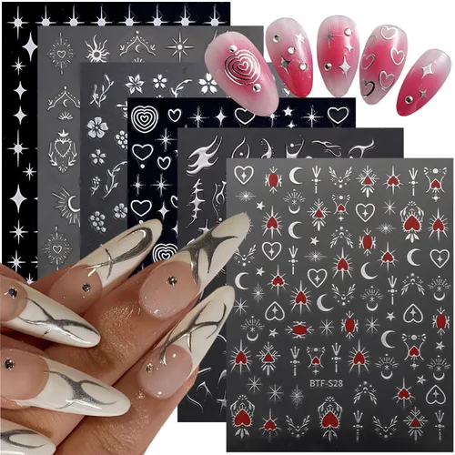 Miniatura 9 de Calcomanías de arte de uñas doradas, diseño de sol, luna, estrellas, línea de corazón, flores, calcomanías autoadhesivas para uñas, calcomanías