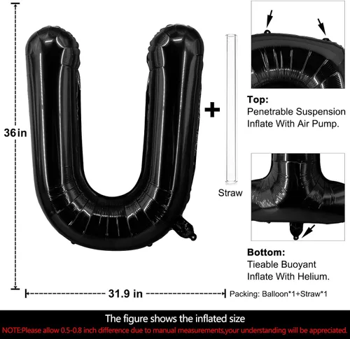 Miniatura 2 de Lovoir Globos de 40 pulgadas (102 cm) de letra U negra grande, tamaño jumbo, de Mylar, lámina de aluminio y helio, para decoraciones de fiesta