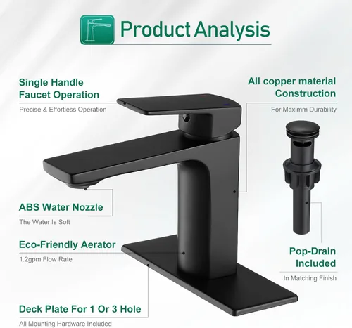 Miniatura 5 de VOTON - Grifo de baño negro con una sola manija para lavabo de baño, 1 agujero, grifo de lavabo para RV, grifo de cambiador con desagüe desplegable