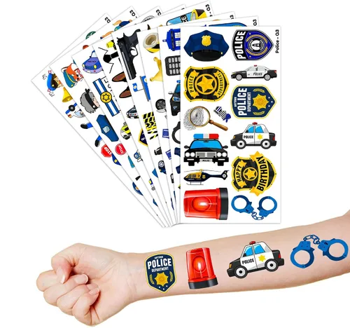 Miniatura 8 de 96 tatuajes temporales de oficial de policía para niños, 8 hojas de calcomanías lindas con temática de policía, recuerdos de fiesta de cumpleaños