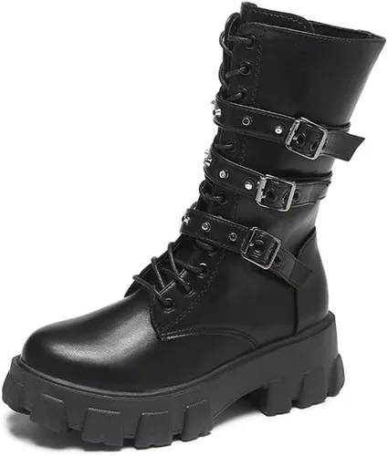 Miniatura 8 de Botas de media pantorrilla para mujer, ligeras, a la moda, con múltiples hebillas, con cordones, antideslizantes, altura de motocicleta