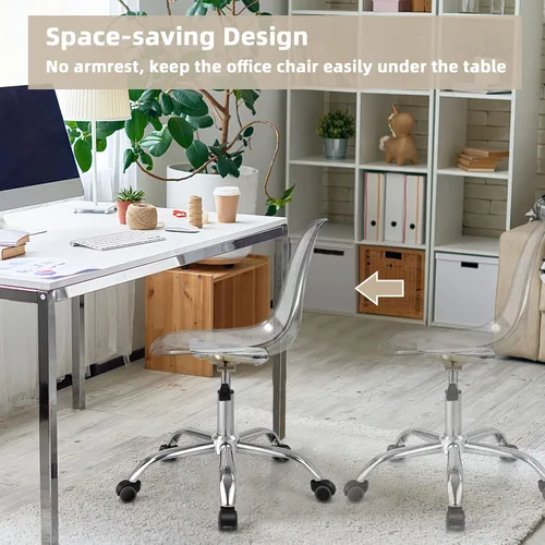 Miniatura 3 de Giantex Silla de escritorio de acrílico, silla enrollable de oficina transparente sin brazos, silla fantasma de ocio ajustable con base cromada