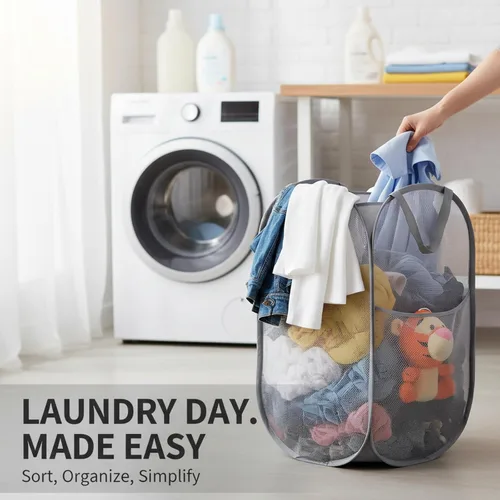 Miniatura 4 de Kimmama Cesta de lavandería plegable grande de malla, plegable con bolsillo lateral, contenedor de almacenamiento de ropa extraíble con asa