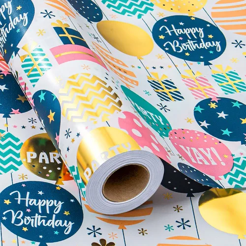 Miniatura 20 de Homeral Rollo de papel de regalo azul para cumpleaños - 17 pulgadas x 16.5 pies, con letras reversibles de "Feliz Cumpleaños" y velas coloridas.