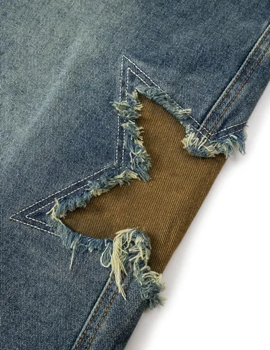 Miniatura 3 de Vamtac Pantalones cortos de mezclilla para hombre, diseño de retazos de estrellas, tiro medio, casual, holgado, para verano, pantalones de mezclilla