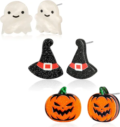 LILIE&WHITE Aretes de Halloween para mujer, con sombrero de bruja, aretes colgantes de calabaza, aretes de gato negro, aretes de calavera, aretes de