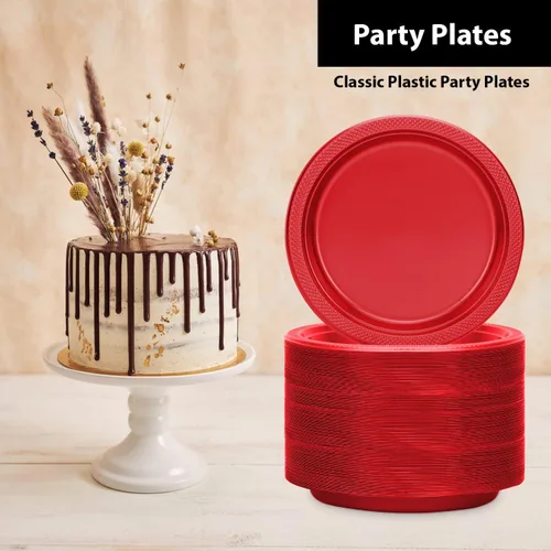 Miniatura 3 de Platos de plástico rojos de la colección Hanna K. Signature, redondos de 9 pulgadas, 50 unidades – Platos desechables resistentes para cenas