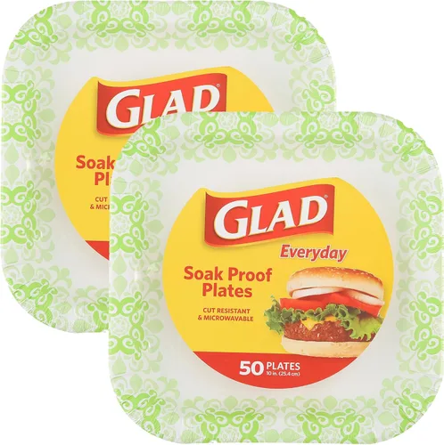 Miniatura 8 de Glad Platos cuadrados de papel desechables, patrón victoriano verde, fuertes, resistentes, a prueba de remojo y aptos para microondas para cena