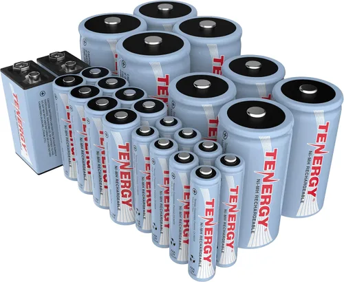 Tenergy Paquete de 26 baterías recargables NiMH de alta capacidad, 8AA, 8AAA, 4C, 4D, 2 baterías recargables de 9 V para controles remotos, relojes,