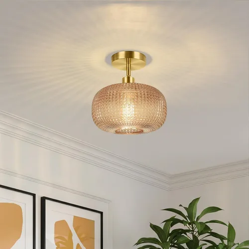 Miniatura 3 de ROTTOGOON Lámpara de techo semiempotrada, luces de techo inclinadas doradas ajustables con pantalla de vidrio ámbar, modernas lámparas de pasillo