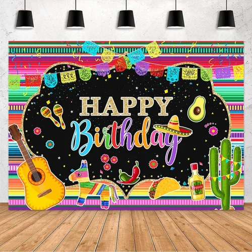 Miniatura 2 de Avezano Telón de fondo para fiesta de cumpleaños con temática mexicana, fondo de fotografía de feliz cumpleaños, guitarra mexicana, cactus, taco