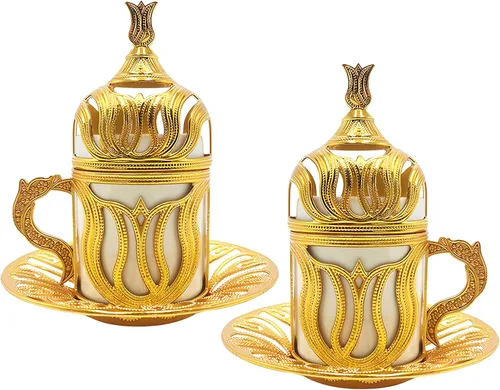 Kuchengerate - 2 tazas de café turco, griego, árabe, marroquí, taza de café expreso con placa interior de soporte de metal de porcelana y tapa, 2