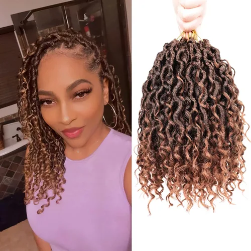 Miniatura 65 de Cabello de Crochet de 8 Pulgadas para Mujeres Negras, 7 Paquetes de Cabello de Crochet Goddess Locs con Puntas Rizadas, Locs Falsos Cortos con Bucle