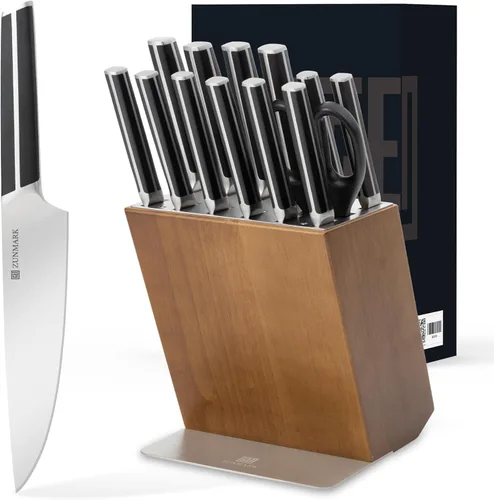 X50CrMoV15 - Juego de cuchillos de cocina con bloque, juego de cuchillos de acero alemán de alto carbono X50CrMoV15 con 6 cuchillos dentados para