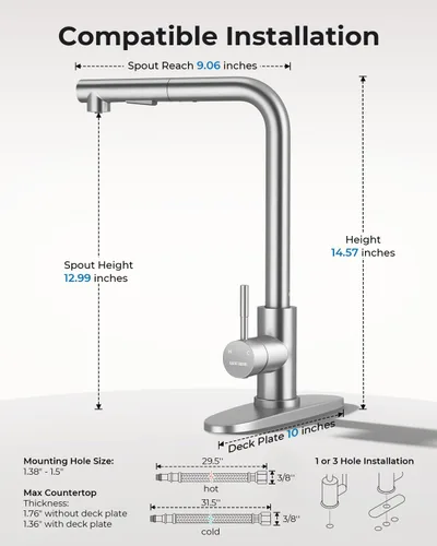 Miniatura 2 de WEWE Grifo de cocina de acero inoxidable de 14.5 pulgadas de alto con rociador extraíble, grifo de fregadero giratorio de 360° de níquel cepillado