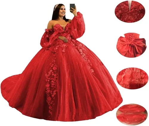 Miniatura 5 de Youjiayi Vestidos de quinceañera de manga hinchada, vestido de baile 3D floral dulce 15 16 vestidos de hombro descubierto vestidos de baile con cola
