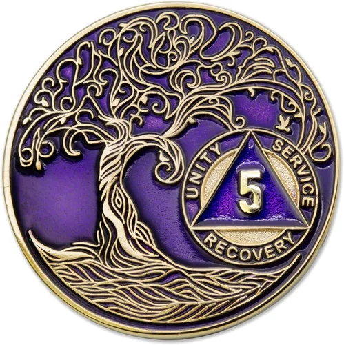 Miniatura 69 de 20 Year Sobriety Mint Twisted Tree of Life - Medallón de recuperación AA chapado en oro, fichas y fichas, color negro