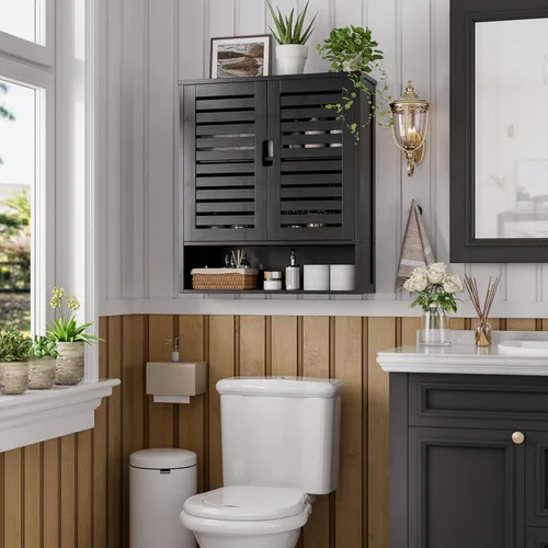 Miniatura 2 de SMIBUY Armario de baño montado en la pared, organizador de almacenamiento de bambú sobre el inodoro, botiquín ahorrador de espacio con 2 puertas