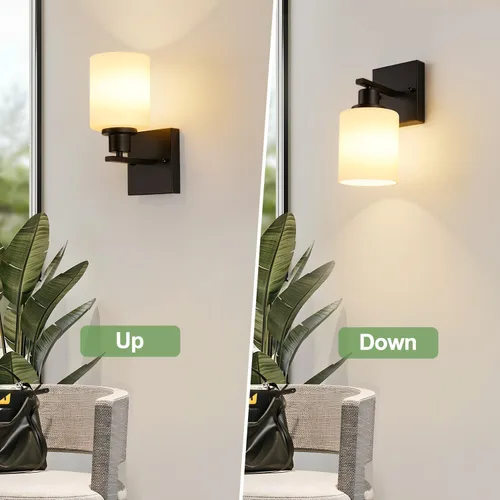Miniatura 4 de MOKATNG Juego de 2 apliques de pared para baño, luces de tocador modernas negras con pantalla de vidrio blanco, lámpara de pared de baño