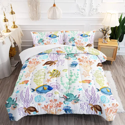 Miniatura 18 de Juego de edredón de tortuga con aguada oceánica, juego de ropa de cama de tortuga para cama individual, juego de cama con peces tropicales y vida