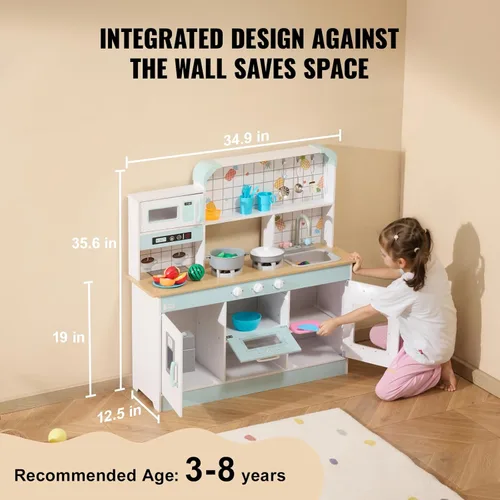 Miniatura 3 de VEVOR Juguete de cocina de madera para niños con luces y sonidos, cocina para niños pequeños con máquina de hielo, horno, fregadero, microondas