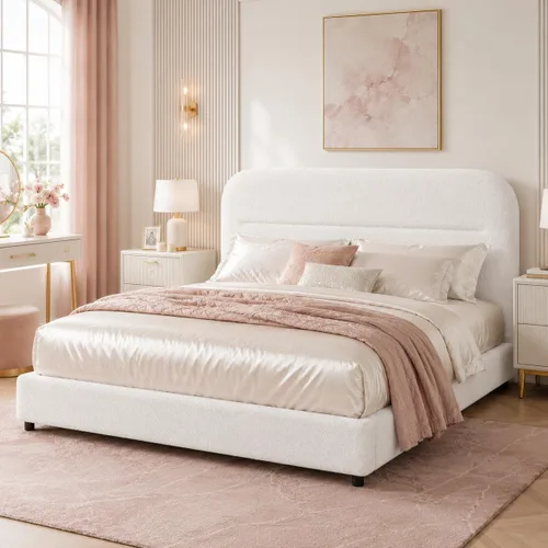 Miniatura 22 de HOMBCK - Base de cama tapizada de tejido bouclé con cabecera suave con diseño de esquinas redondeadas, listones de madera, no requiere somier, fácil
