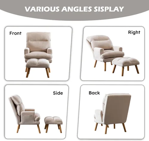 Miniatura 6 de IOMOR Silla Accent con otomano, silla de lectura cómoda, sillón con respaldo ajustable y bolsillos laterales, sofá de tela suave de ocio para Beige