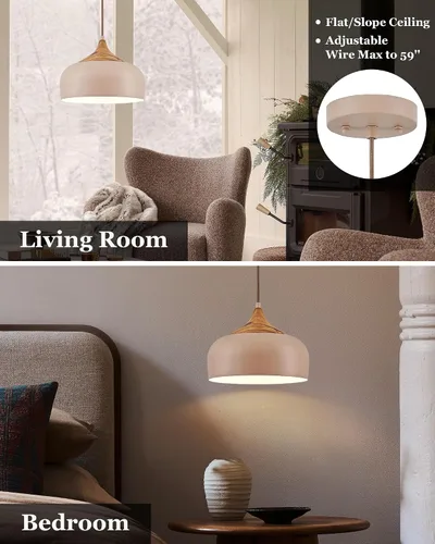 Miniatura 7 de ELYONA Lámpara colgante japonesa moderna de 12 pulgadas para isla de cocina, lámpara colgante de granja con pantalla de metal de grano de madera