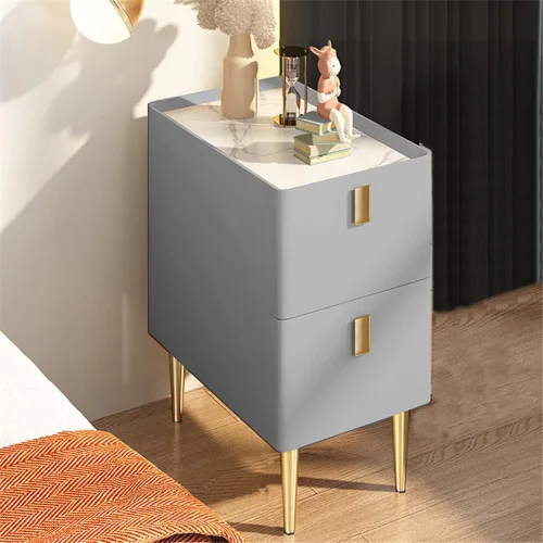 Miniatura 12 de Mesita de noche moderna de madera maciza con almacenamiento de 2 cajones, parte superior de mármol, práctica mesa auxiliar auxiliar para dormitorio