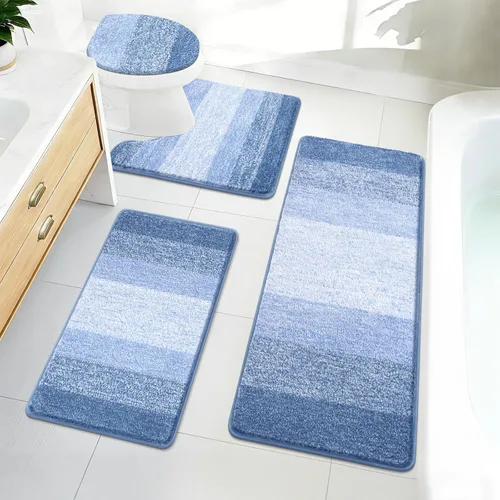 Bsmathom Juego de 4 alfombras de baño, alfombras de baño de microfibra suave y absorbente con alfombra de contorno en forma de U para inodoro y Azul