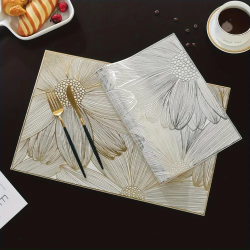 Miniatura 6 de Juego de 6 manteles individuales cuadrados dorados para mesa de comedor, de vinilo prensado, manteles individuales metálicos lavables y lavables