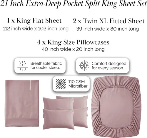 Miniatura 356 de Southshore Fine Living, Inc. Juego de 7 piezas de sábanas King divididas para cama ajustable, juego de sábanas King divididas con bolsillo de 21