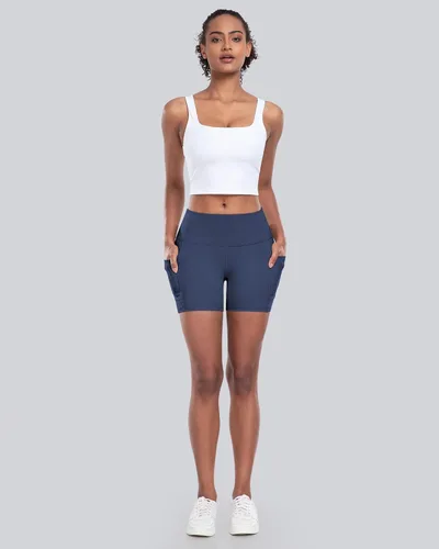 Miniatura 2 de CHRLEISURE - Pantalones cortos de ciclismo para mujer con bolsillos de licra, cintura alta, con control de abdomen para entrenamiento, yoga