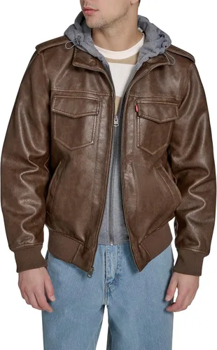 Miniatura 9 de Levi's Men's Faux Leather Aviator Bomber Jacket With Jersey Bib and Hood