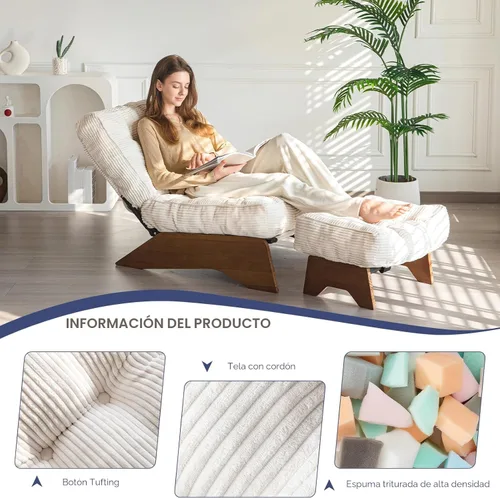 Miniatura 5 de MAXYOYO - Sillón decorativo con otomana y respaldo ajustable, silla capitoné para sala, reposera con reposapiés, silla moderna y acogedora Beige