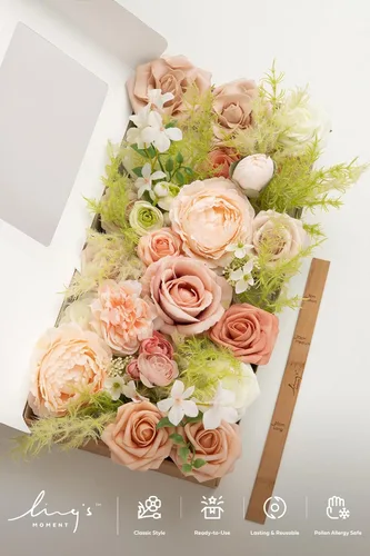 Miniatura 5 de Ling's moment Caja de Flores Falsas, Tallos de Follaje Artificial Falso Rosas de Espuma Peonía de Seda Ranúnculo Flor de Tela para Centros de Mesa