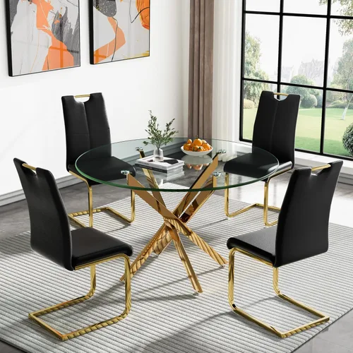Miniatura 58 de Juego de mesa de comedor redonda de 3 piezas para 2, mesa de cocina moderna de vidrio plateado y sillas para 2 con sillas tapizadas, juego de mesa