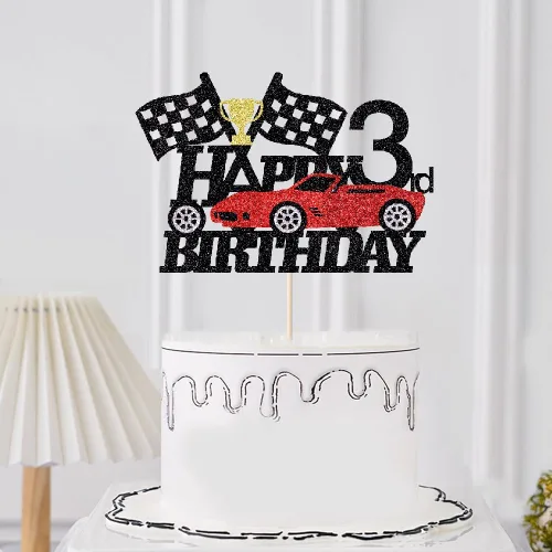 Miniatura 6 de Decoración de pastel de auto de carreras de 3 años, decoración de pastel de feliz tercer cumpleaños, auto de carreras, bandera a cuadros, rueda
