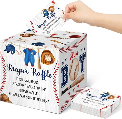 Miniatura 31 de Teling 51 boletos para rifas de pañales con caja de tarjetas, decoración de baby shower, caja de soporte para baby shower, para fiesta de rifas