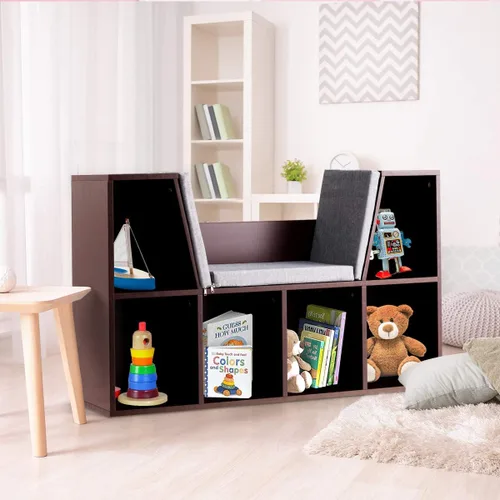 Miniatura 8 de Costzon Estantería infantil con rincón de lectura, estantería de 6 cubos con cojín de asiento suave, organizador de almacenamiento de juguetes