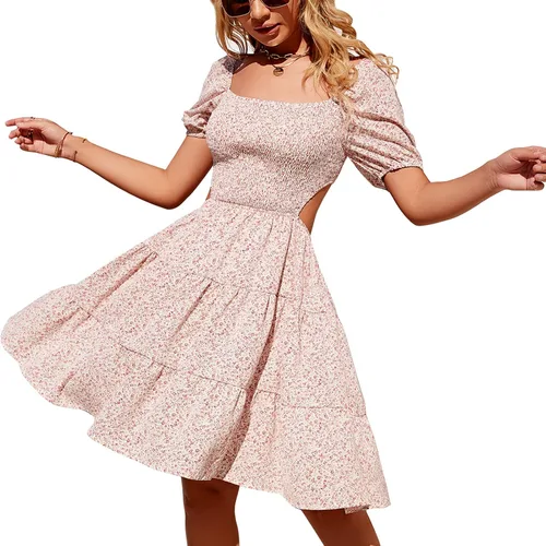 Byinns Vestido corto con cordón para mujer, cuello corazón, vestido vaporoso, manga larga, volantes, lindo vestido de invitada de boda