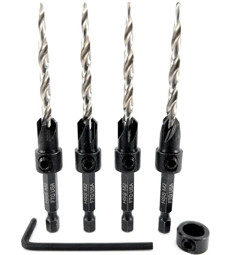 Miniatura 29 de FTG USA Juego de brocas avellanadoras de madera ajustable, 5 piezas, broca avellanadora #4 #6 #8 #10 #12 con broca cónica para carpintería