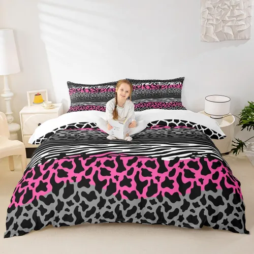 Miniatura 12 de Juego de funda de edredón con estampado de leopardo, tamaño individual, juego de ropa de cama rústica con rayas de piel de cebra, decoración