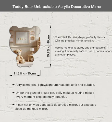 Miniatura 2 de Lindo espejo acrílico con diseño de oso antiarañazos, irrompible, inastillable, HD templado, espejos decorativos de pared para el hogar, oficina