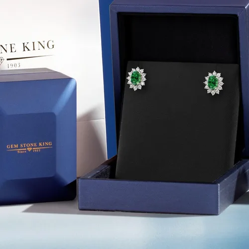Miniatura 173 de Gem Stone King Aretes ovalados de plata de ley 925 de 0.276 x 0.197 in con piedra natal de la princesa Diana, estilo halo real para mujeres
