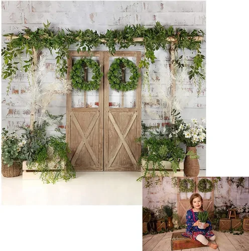Miniatura 8 de Kate Pared de ladrillo pintado blanco rústico para puerta de madera, fondos de fotografía de 7 x 5 pies, césped verde primavera y flores, fondos