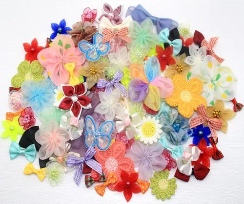 100 lazos mixtos de cinta de organza y flores de encaje para manualidades, lazos para el cabello, diademas, costura, decoración de regalo (colores
