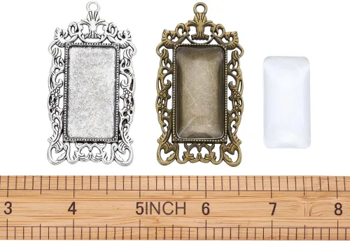 Miniatura 4 de KISSITTY 10 piezas de bandeja colgante rectangular de bronce plateado antiguo en blanco con 10 piezas de azulejos de cúpula de vidrio transparente