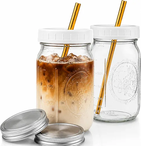 Boba Tea Cups de 32 onzas (paquete de 2) – Vasos de vidrio Mason con tapas y pajitas anchas de acero inoxidable dorado para té de burbujas, batidos
