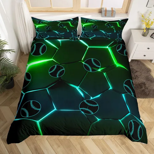Miniatura 26 de Feelyou Juego de funda de edredón de panal de abeja, color verde y amarillo, juego de ropa de cama hexagonal para niños y niñas, funda de edredón